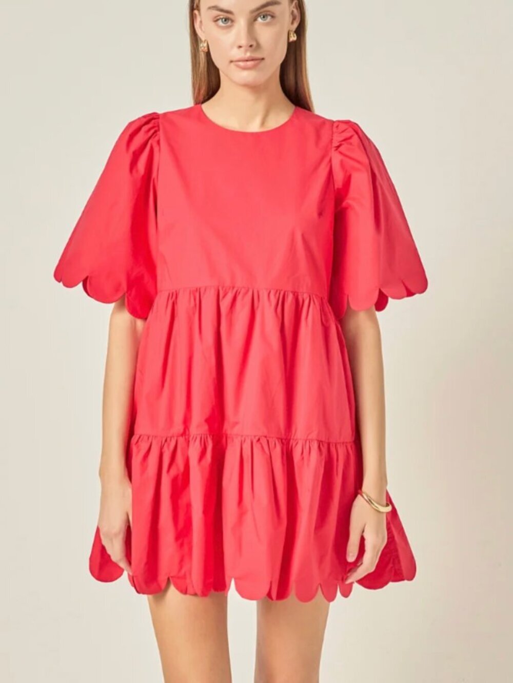 English Factory Scallop Detail Tiered Mini Dress